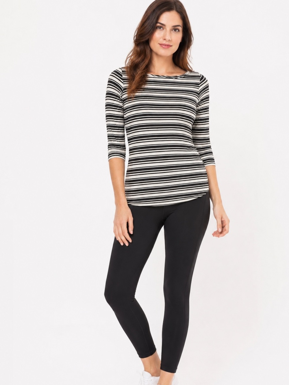Yala Striped 3/4 Sleeve Boatneck Relaxed Fit Tee L White Black